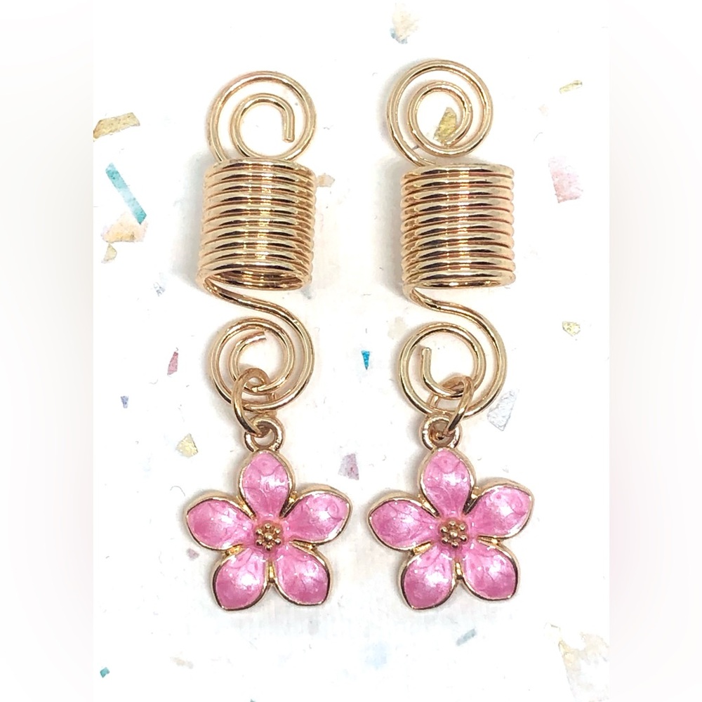 Rose Pink Enamel Flower Floral Gold Tone Hair Coils Accessory Pair NWOT 2” Boho